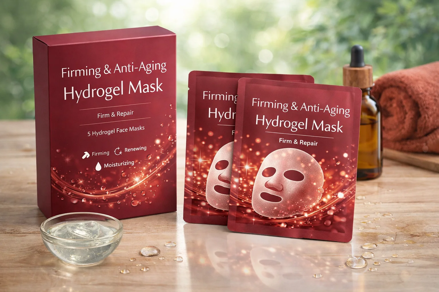 Firming & Anti-Aging Hydrogel Mask box and packets on a wooden table with a dropper bottle and towel, set against a natural background.
